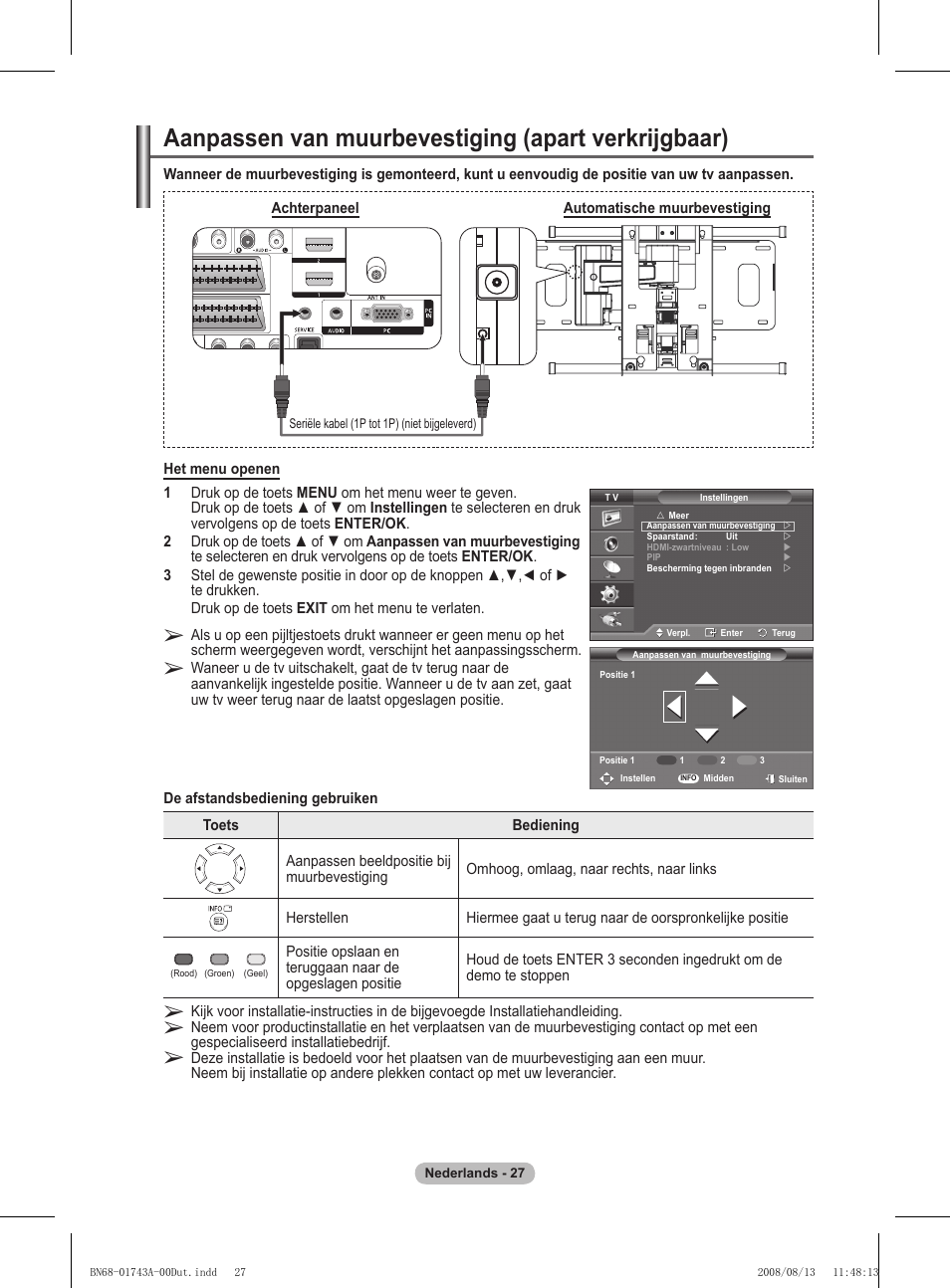 Aanpassen van muurbevestiging (apart verkrijgbaar) | Samsung PS50A417C2D User Manual | Page 207 / 477