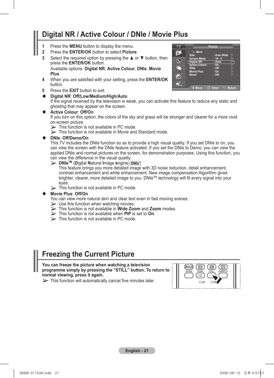 Digital nr / active colour / dnie / movie plus, Freezing the current picture | Samsung PS50A417C2D User Manual | Page 21 / 477