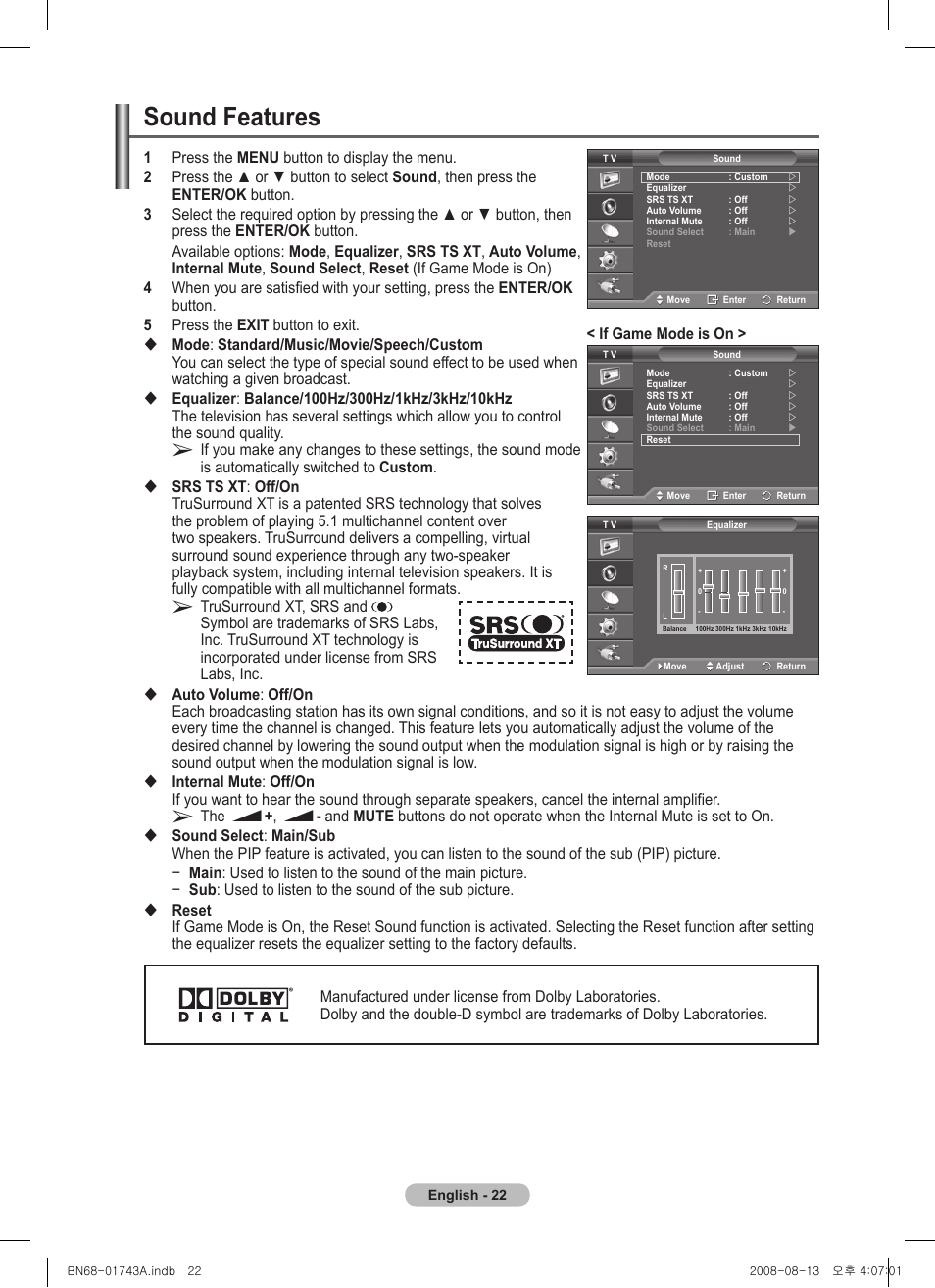 Sound features | Samsung PS50A417C2D User Manual | Page 22 / 477