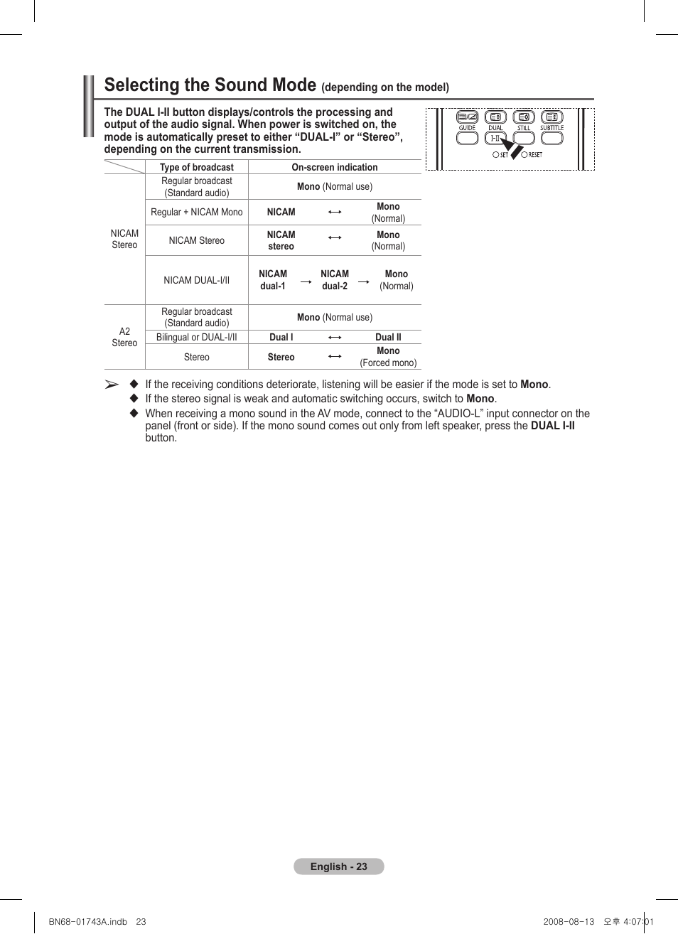 Selecting the sound mode (depending on the model), Selecting the sound mode | Samsung PS50A417C2D User Manual | Page 23 / 477