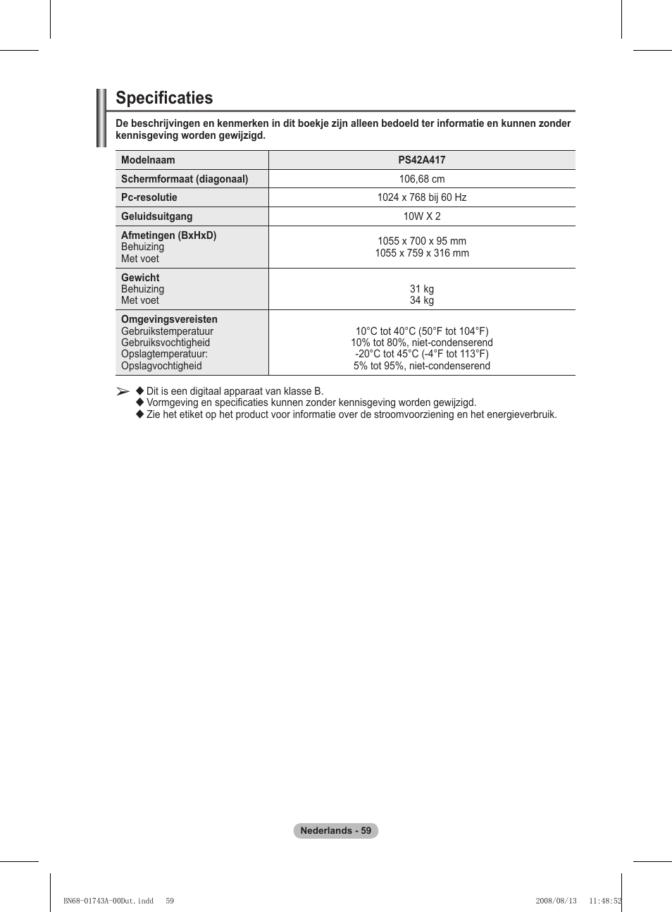 Specificaties | Samsung PS50A417C2D User Manual | Page 239 / 477