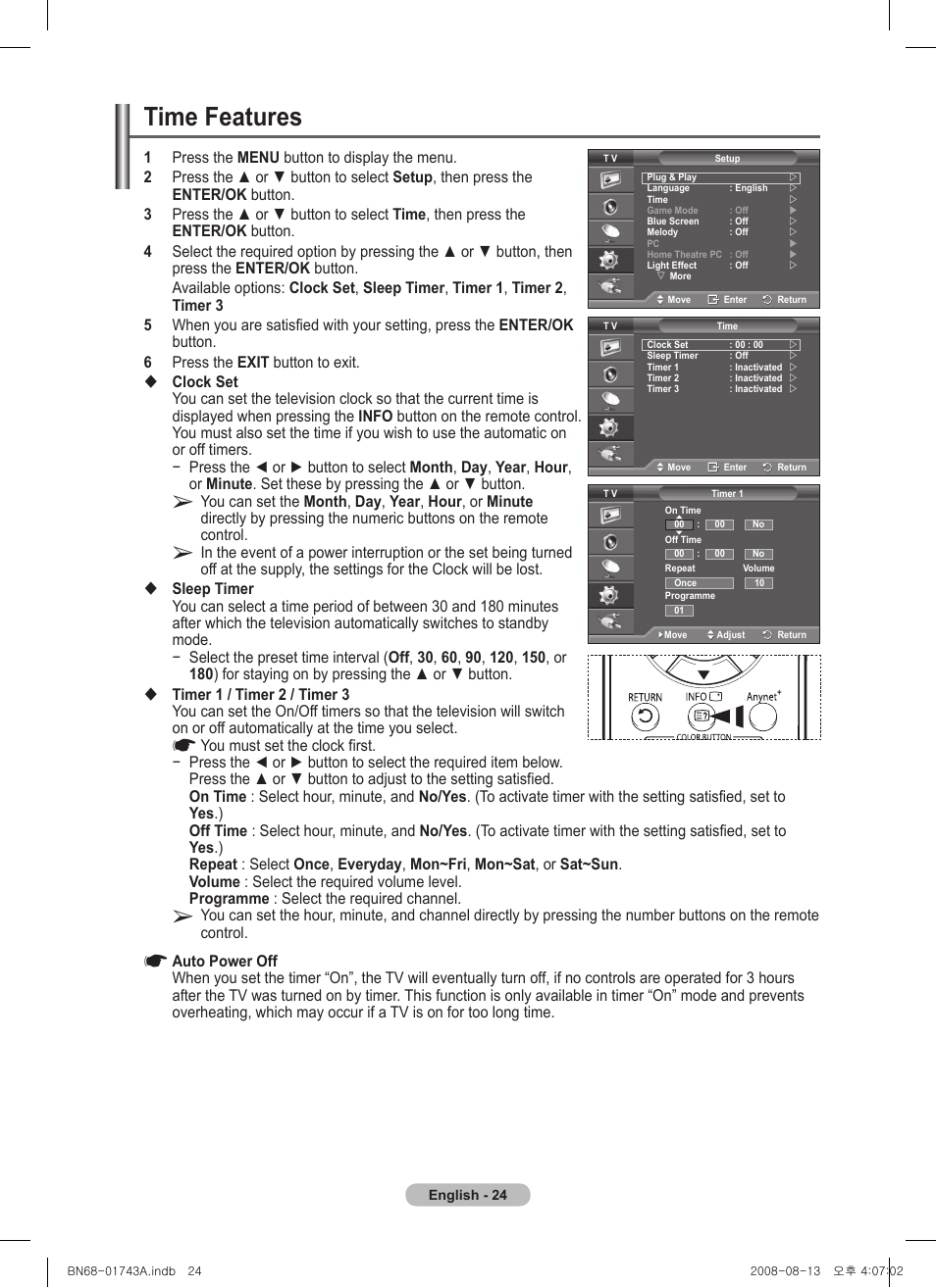Time features | Samsung PS50A417C2D User Manual | Page 24 / 477