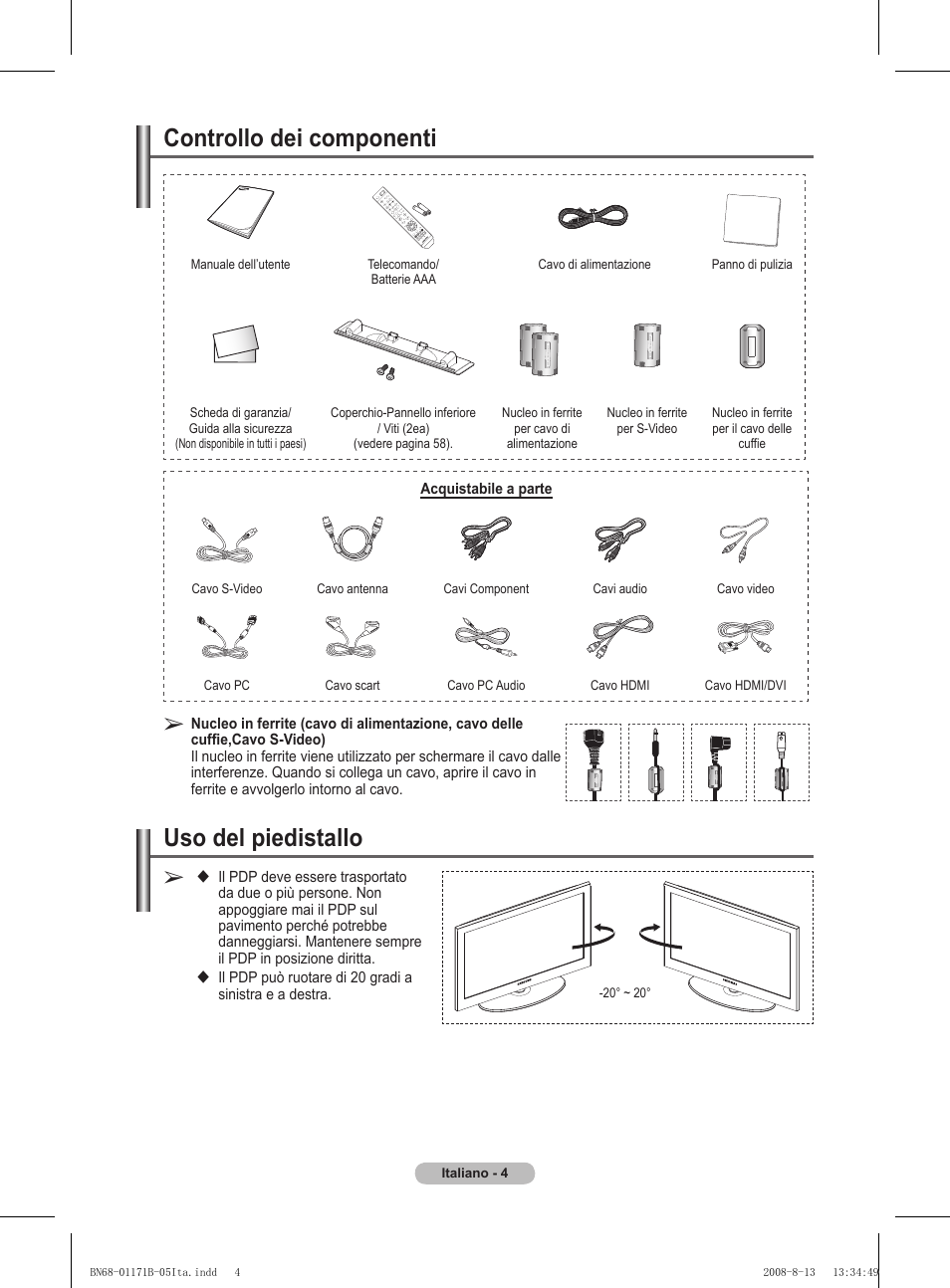 Controllo dei componenti, Uso del piedistallo | Samsung PS50A417C2D User Manual | Page 243 / 477