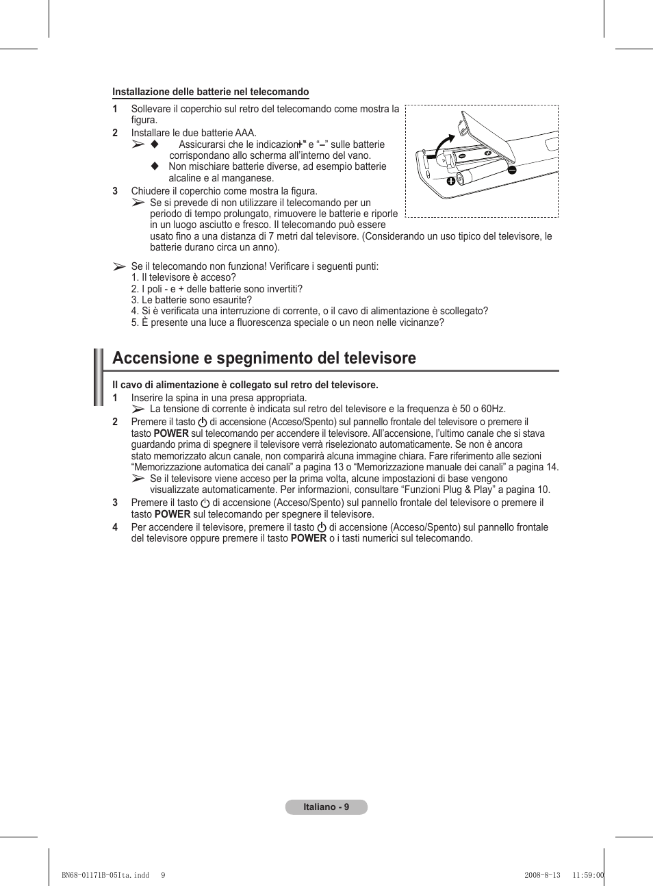 Accensione e spegnimento del televisore | Samsung PS50A417C2D User Manual | Page 248 / 477