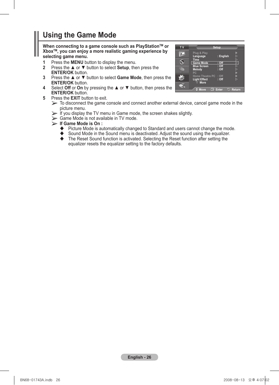 Using the game mode | Samsung PS50A417C2D User Manual | Page 26 / 477