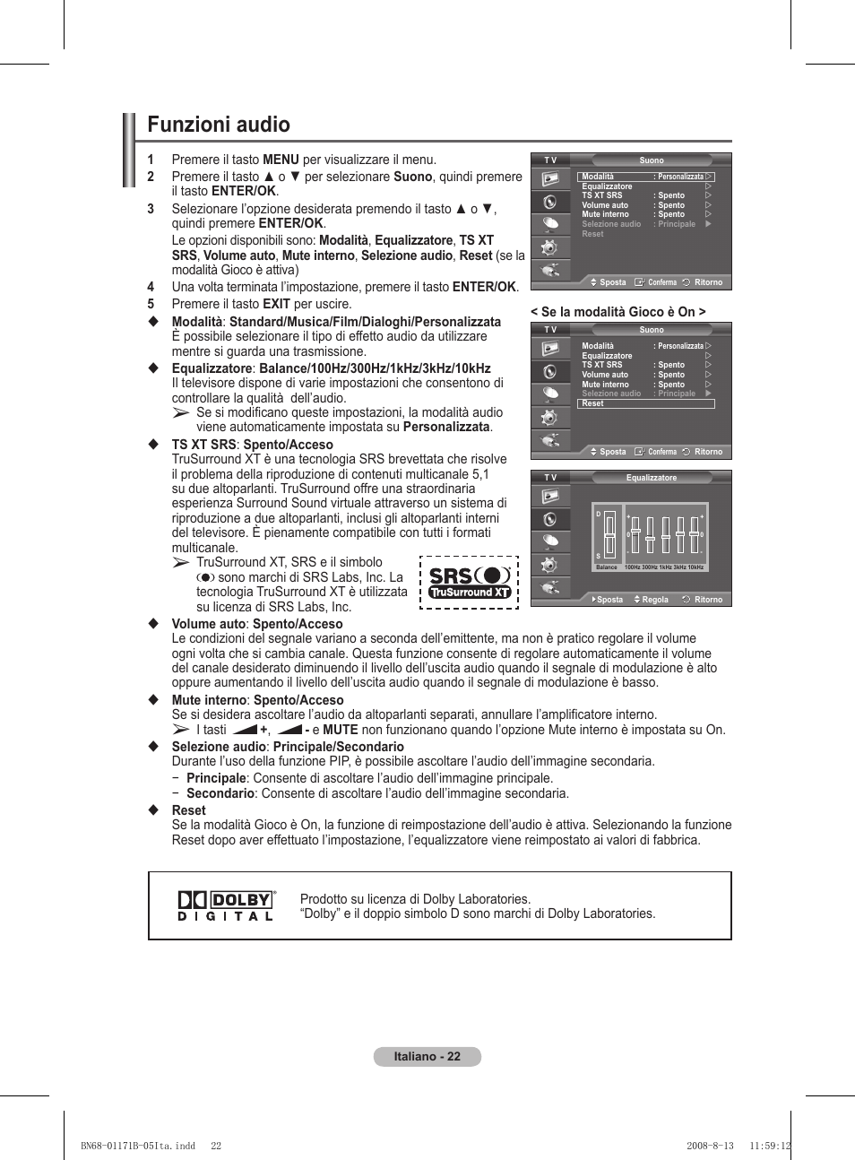 Funzioni audio | Samsung PS50A417C2D User Manual | Page 261 / 477