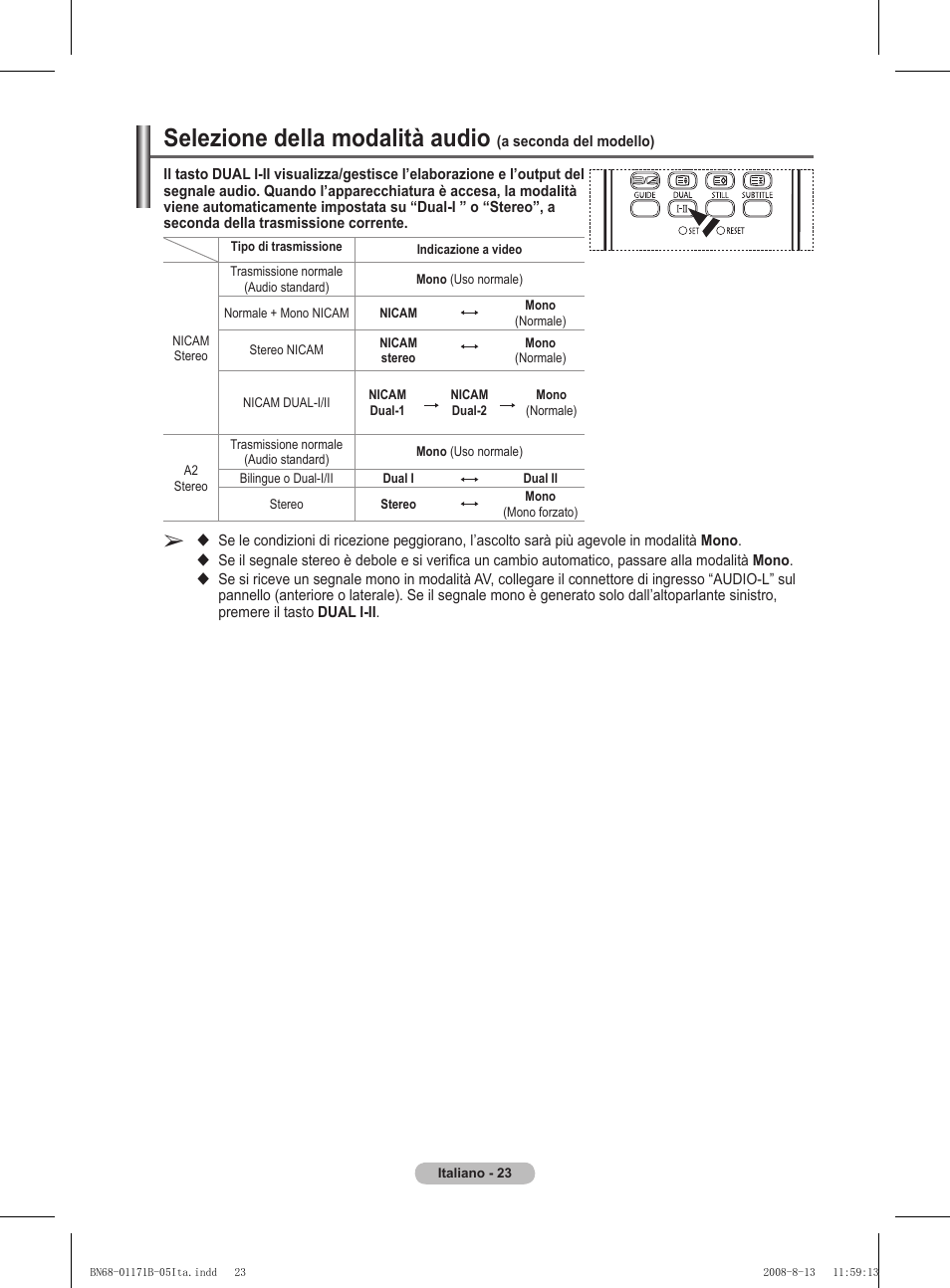 Selezione della modalità audio | Samsung PS50A417C2D User Manual | Page 262 / 477