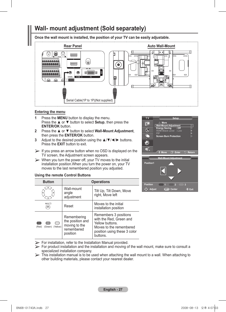 Wall- mount adjustment (sold separately) | Samsung PS50A417C2D User Manual | Page 27 / 477