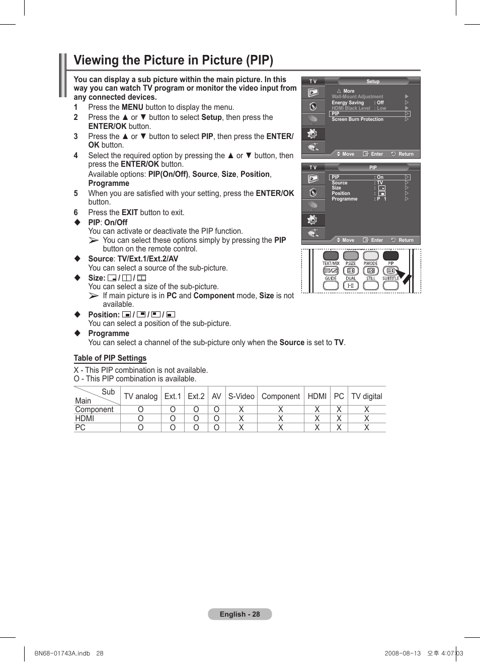 Viewing the picture in picture (pip) | Samsung PS50A417C2D User Manual | Page 28 / 477
