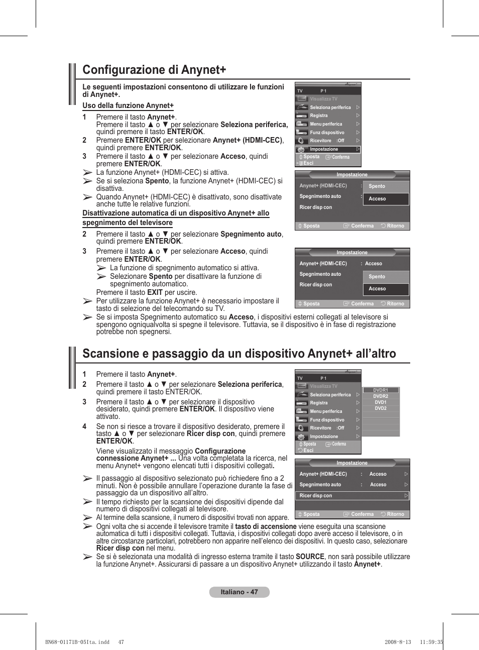 Configurazione di anynet | Samsung PS50A417C2D User Manual | Page 286 / 477