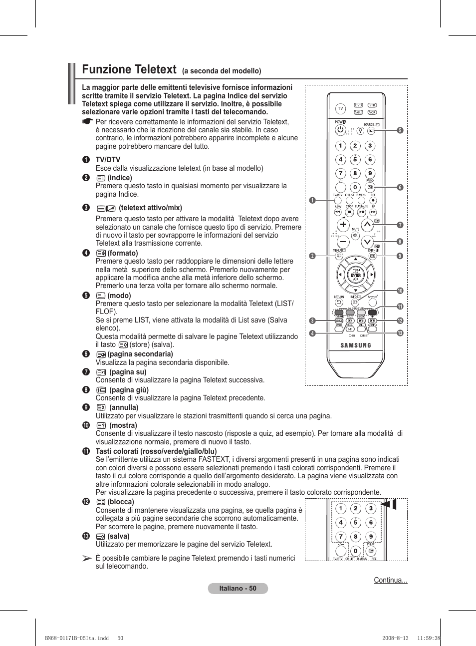 Funzione teletext | Samsung PS50A417C2D User Manual | Page 289 / 477