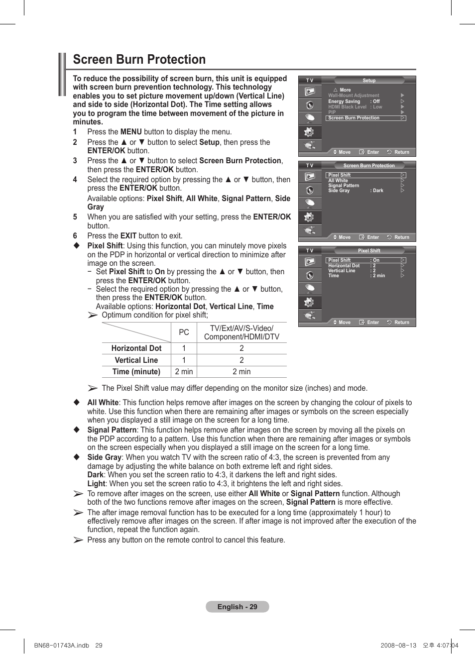 Screen burn protection | Samsung PS50A417C2D User Manual | Page 29 / 477