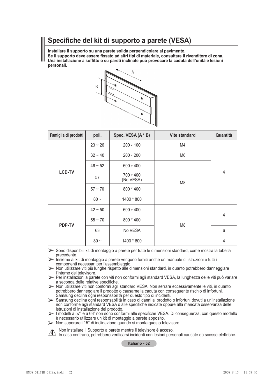 Specifiche del kit di supporto a parete (vesa) | Samsung PS50A417C2D User Manual | Page 291 / 477