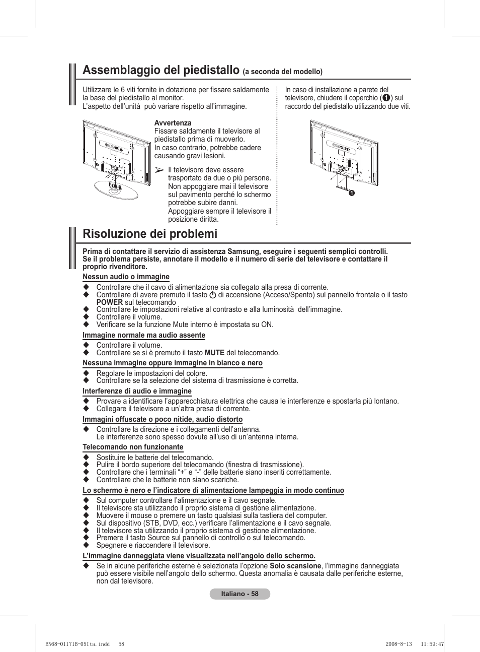 Risoluzione dei problemi, Assemblaggio del piedistallo | Samsung PS50A417C2D User Manual | Page 297 / 477