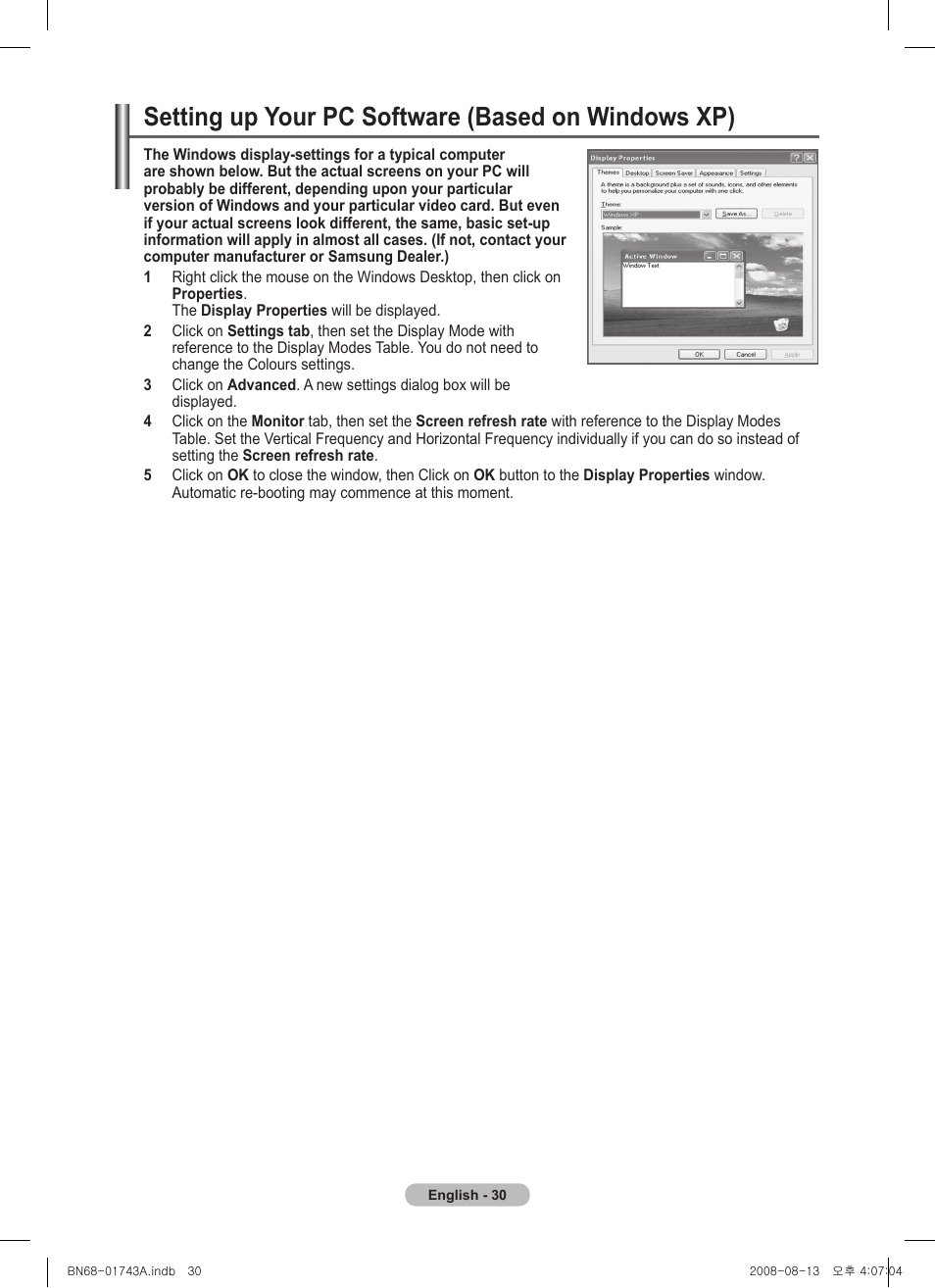 Setting up your pc software (based on windows xp) | Samsung PS50A417C2D User Manual | Page 30 / 477