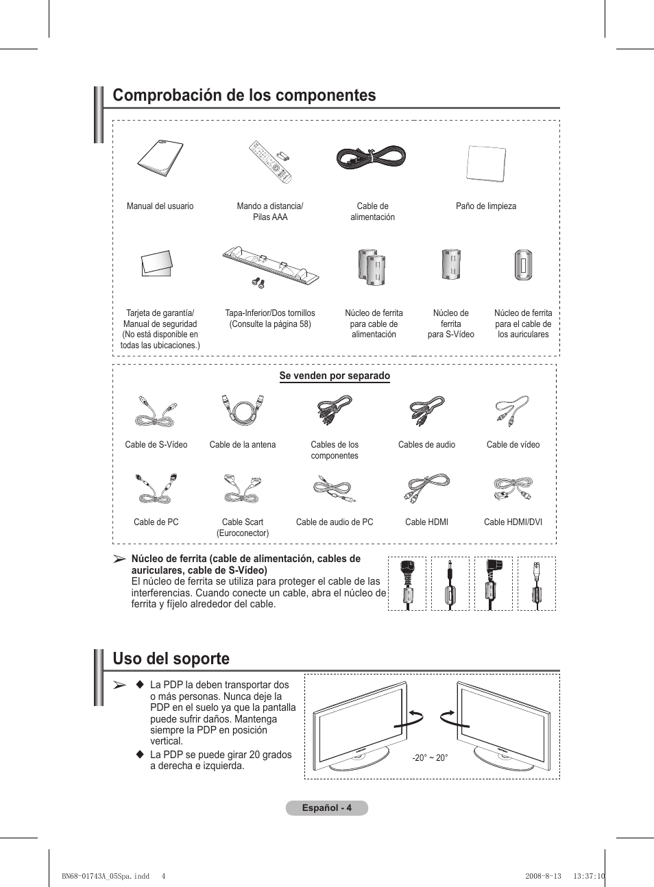Comprobación de los componentes, Uso del soporte | Samsung PS50A417C2D User Manual | Page 303 / 477