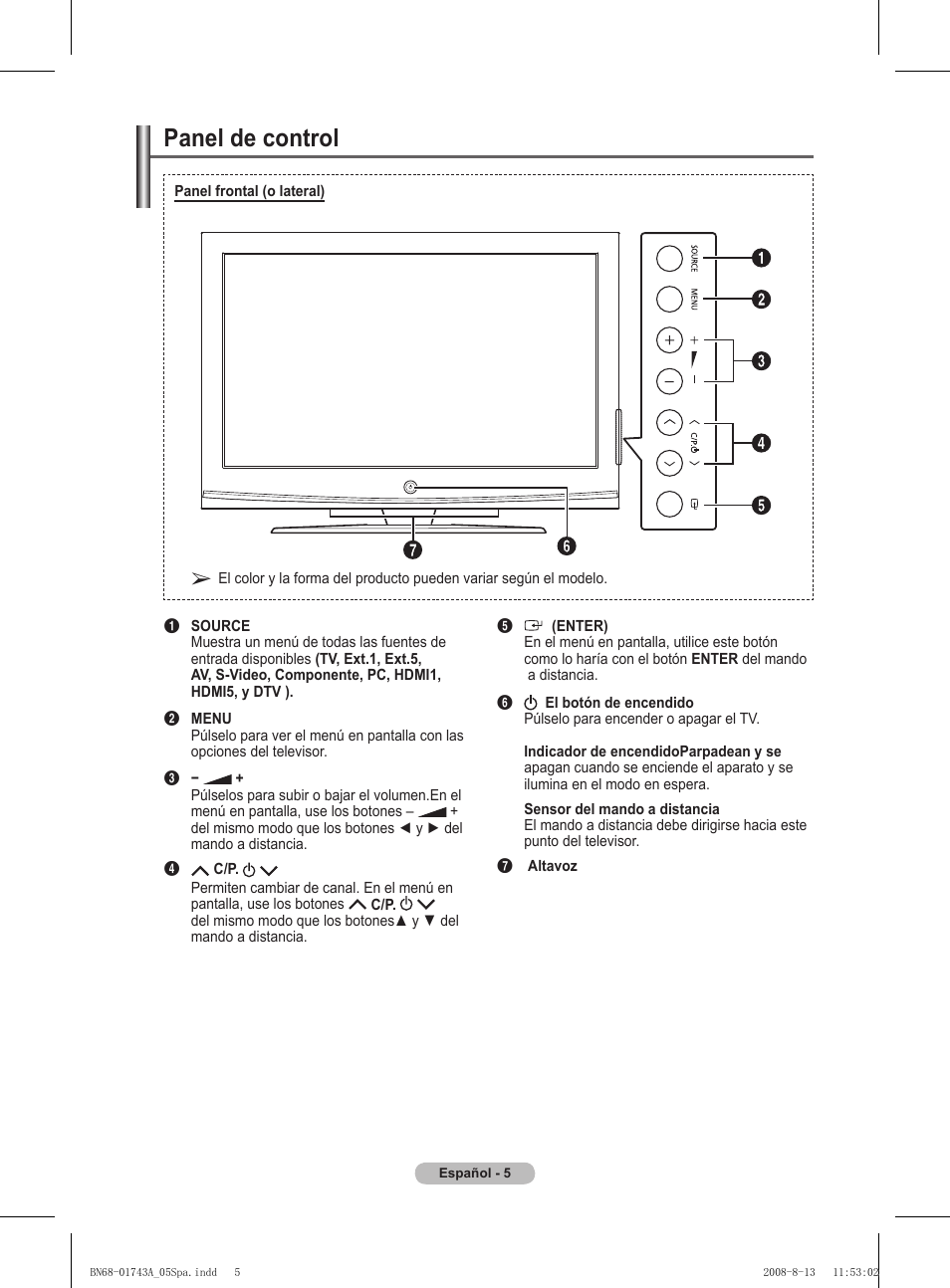 Panel de control | Samsung PS50A417C2D User Manual | Page 304 / 477