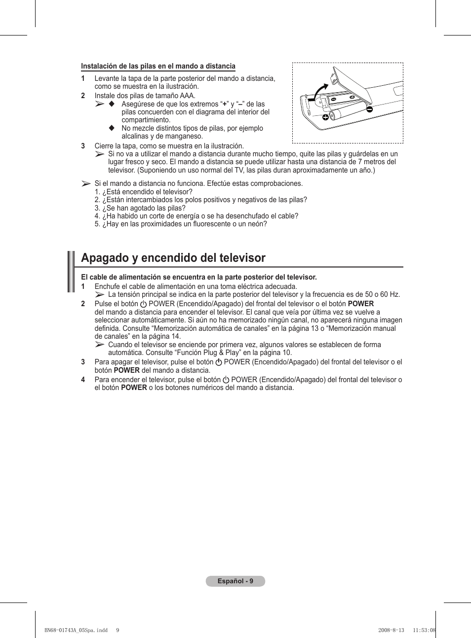 Apagado y encendido del televisor | Samsung PS50A417C2D User Manual | Page 308 / 477