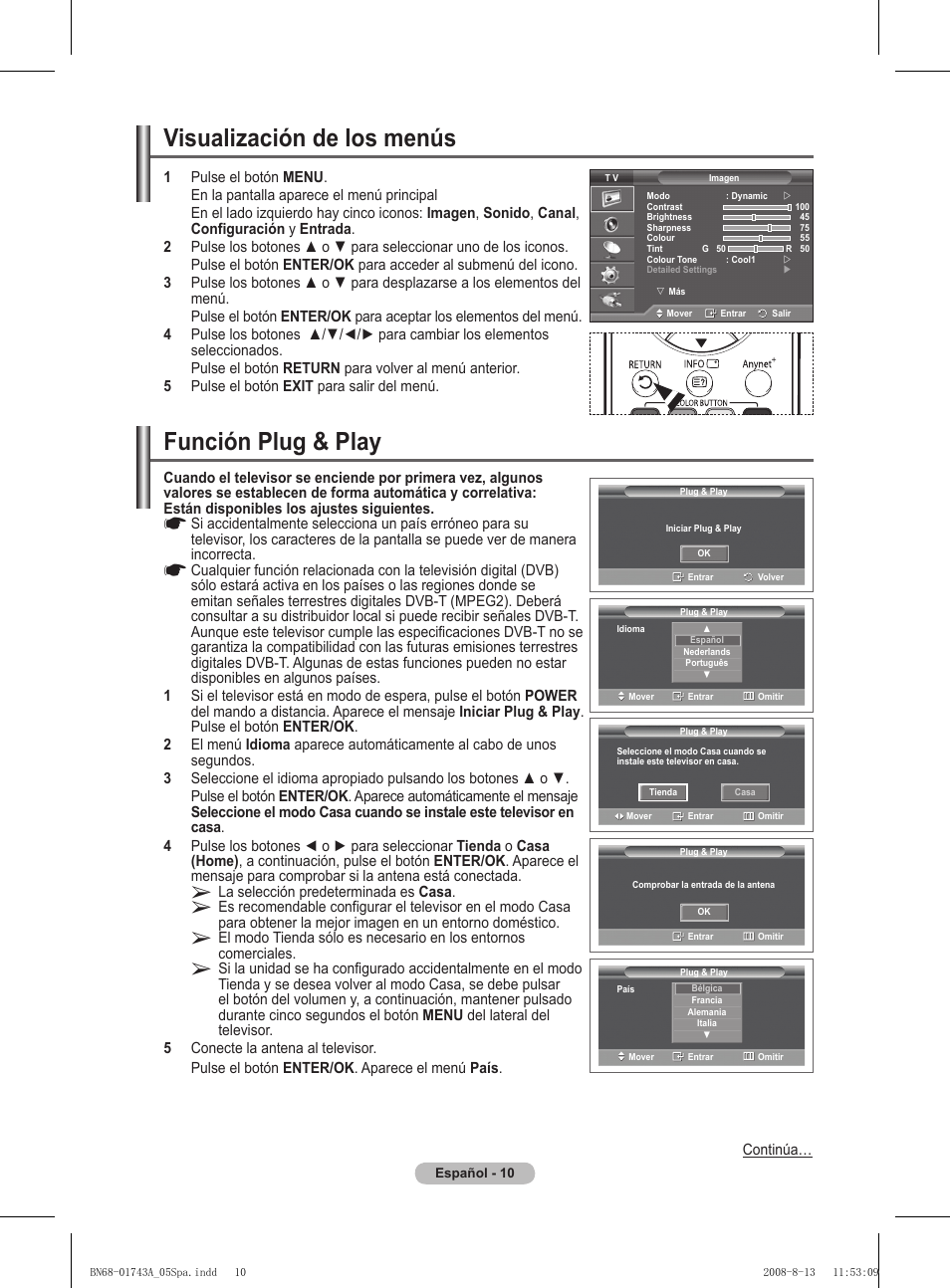 Función plug & play, Visualización de los menús | Samsung PS50A417C2D User Manual | Page 309 / 477