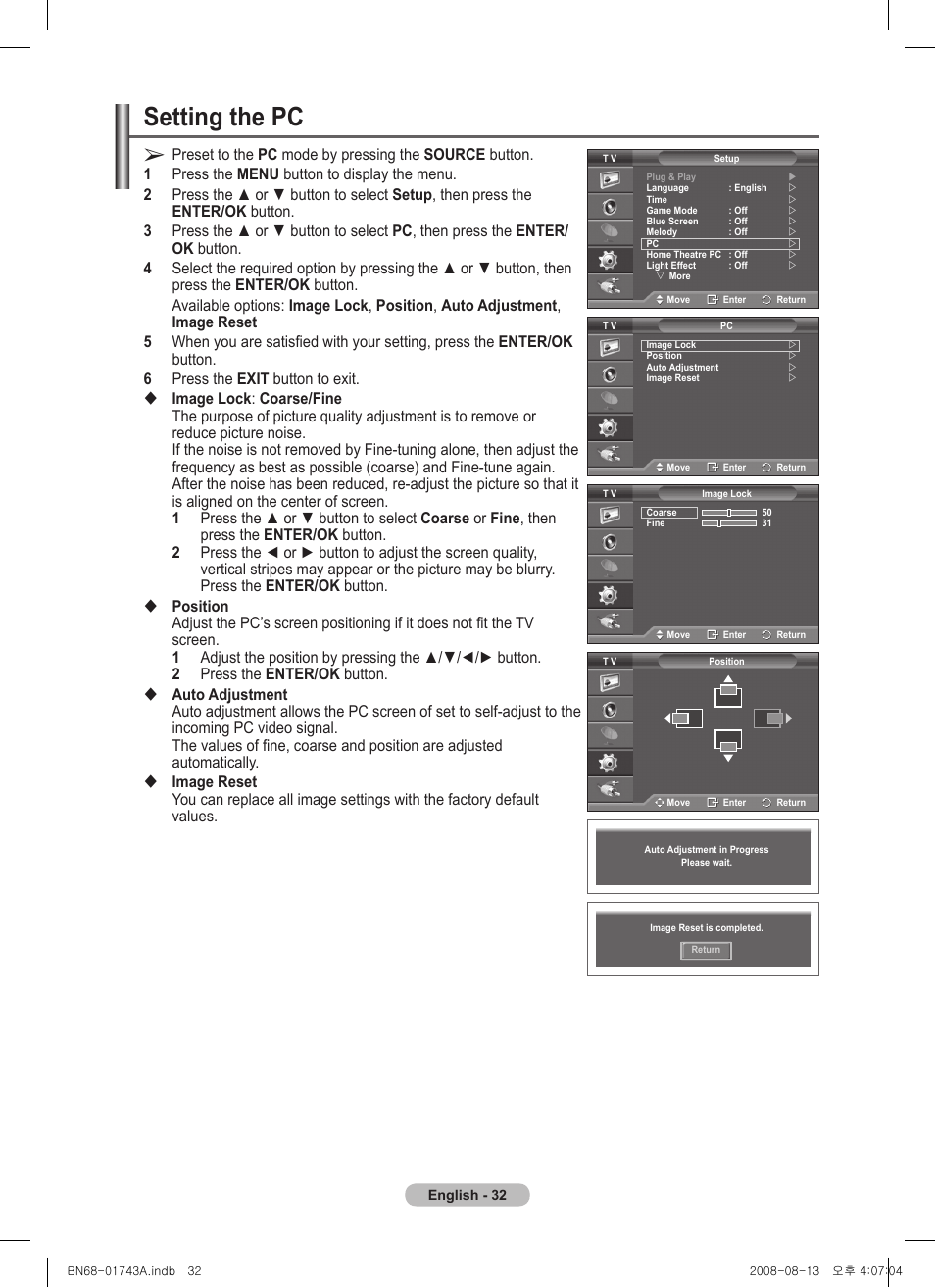 Setting the pc | Samsung PS50A417C2D User Manual | Page 32 / 477