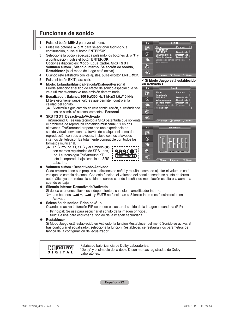 Funciones de sonido | Samsung PS50A417C2D User Manual | Page 321 / 477