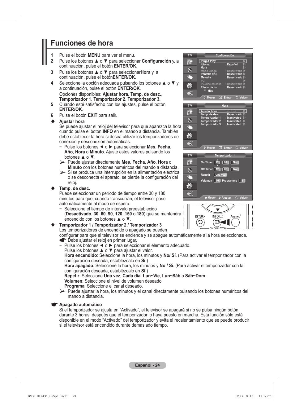 Funciones de hora | Samsung PS50A417C2D User Manual | Page 323 / 477