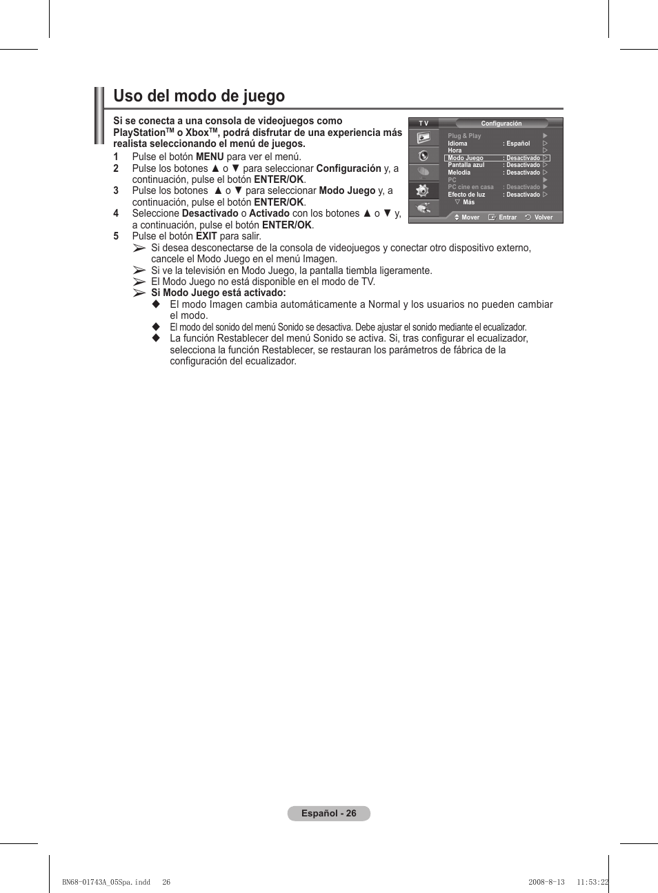Uso del modo de juego | Samsung PS50A417C2D User Manual | Page 325 / 477
