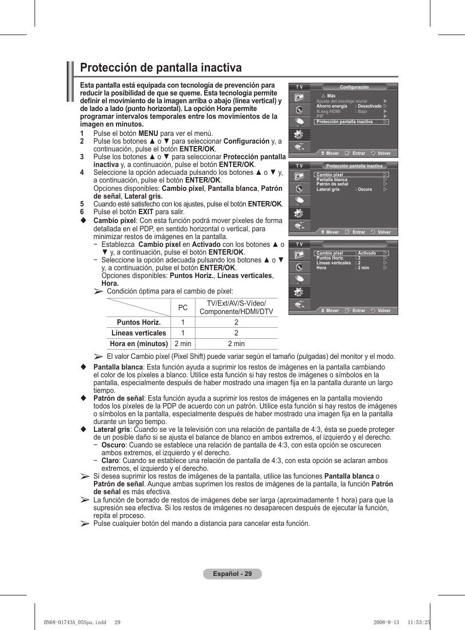 Protección de pantalla inactiva | Samsung PS50A417C2D User Manual | Page 328 / 477