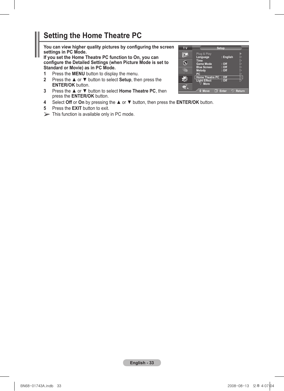 Setting the home theatre pc, This function is available only in pc mode | Samsung PS50A417C2D User Manual | Page 33 / 477