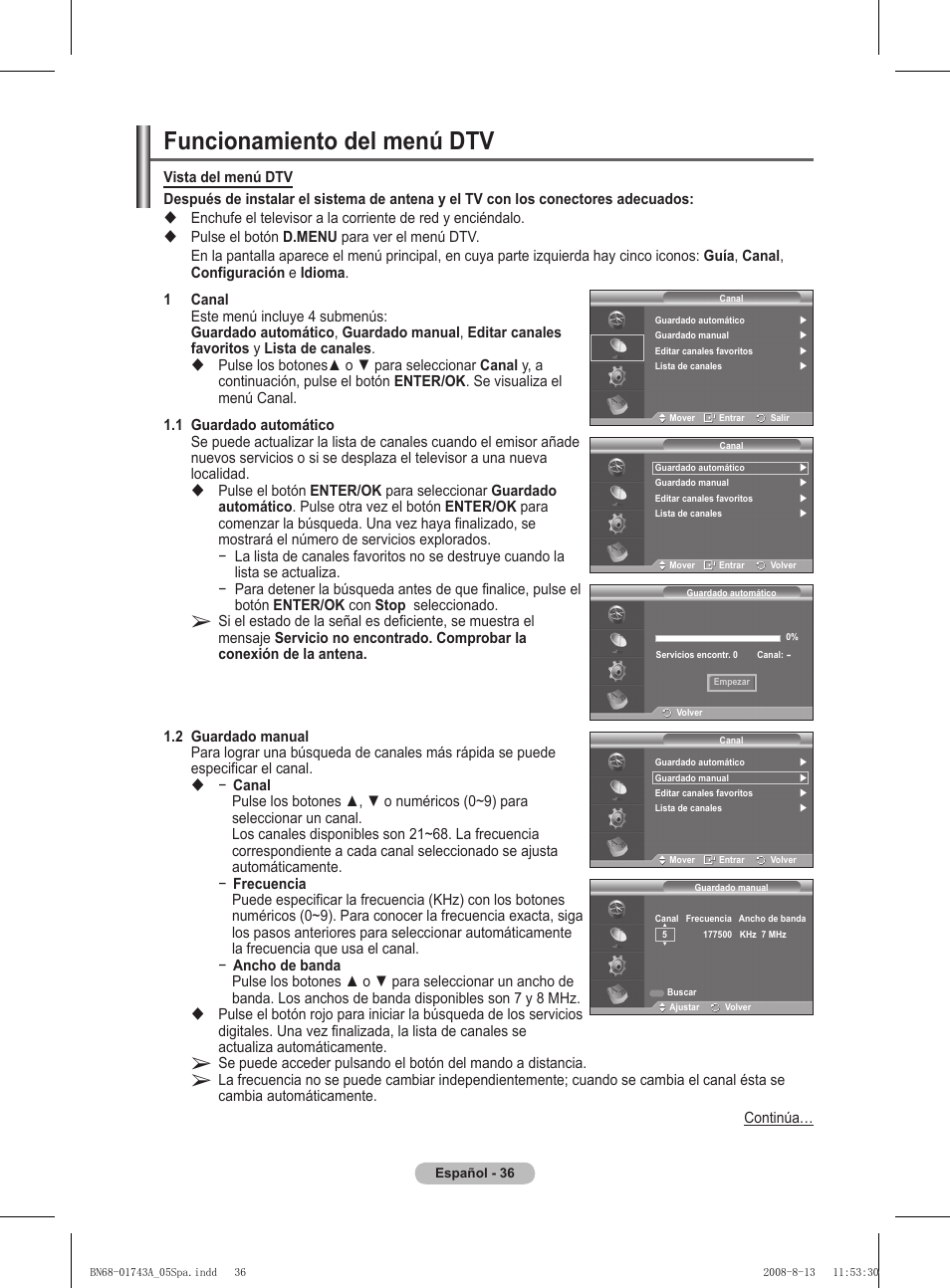 Funcionamiento del menú dtv | Samsung PS50A417C2D User Manual | Page 335 / 477