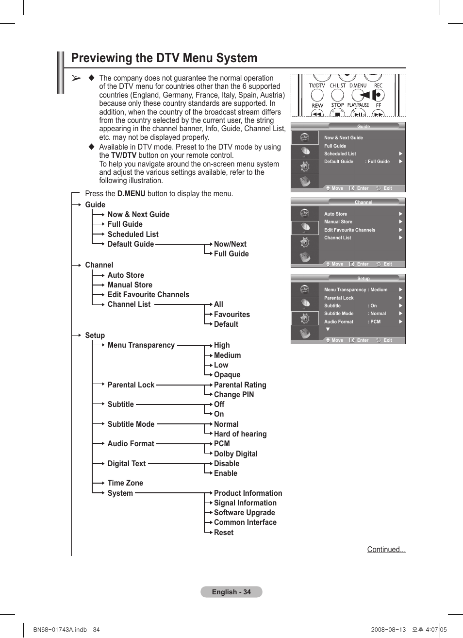 Previewing the dtv menu system | Samsung PS50A417C2D User Manual | Page 34 / 477