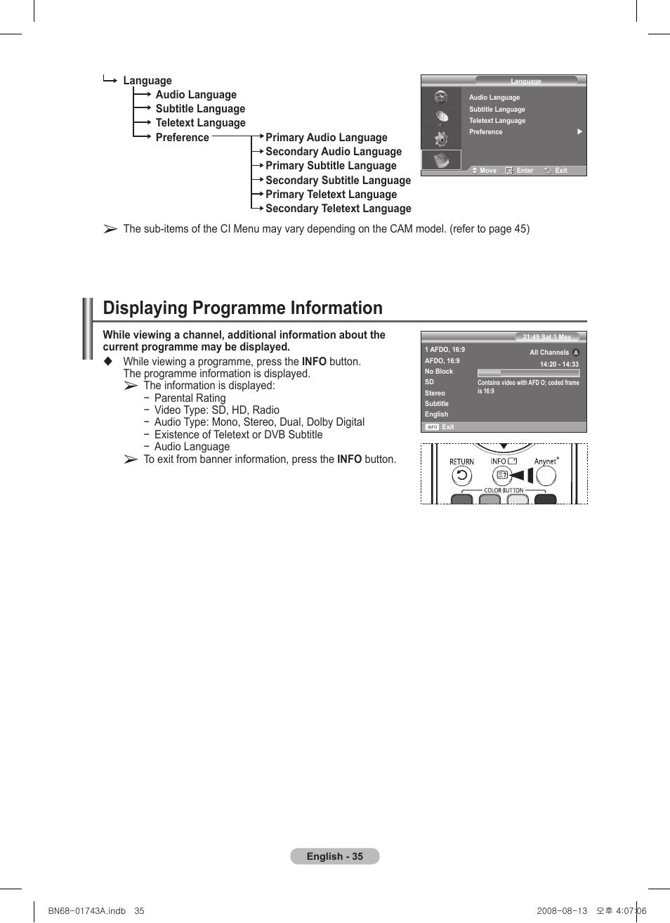 Displaying programme information | Samsung PS50A417C2D User Manual | Page 35 / 477