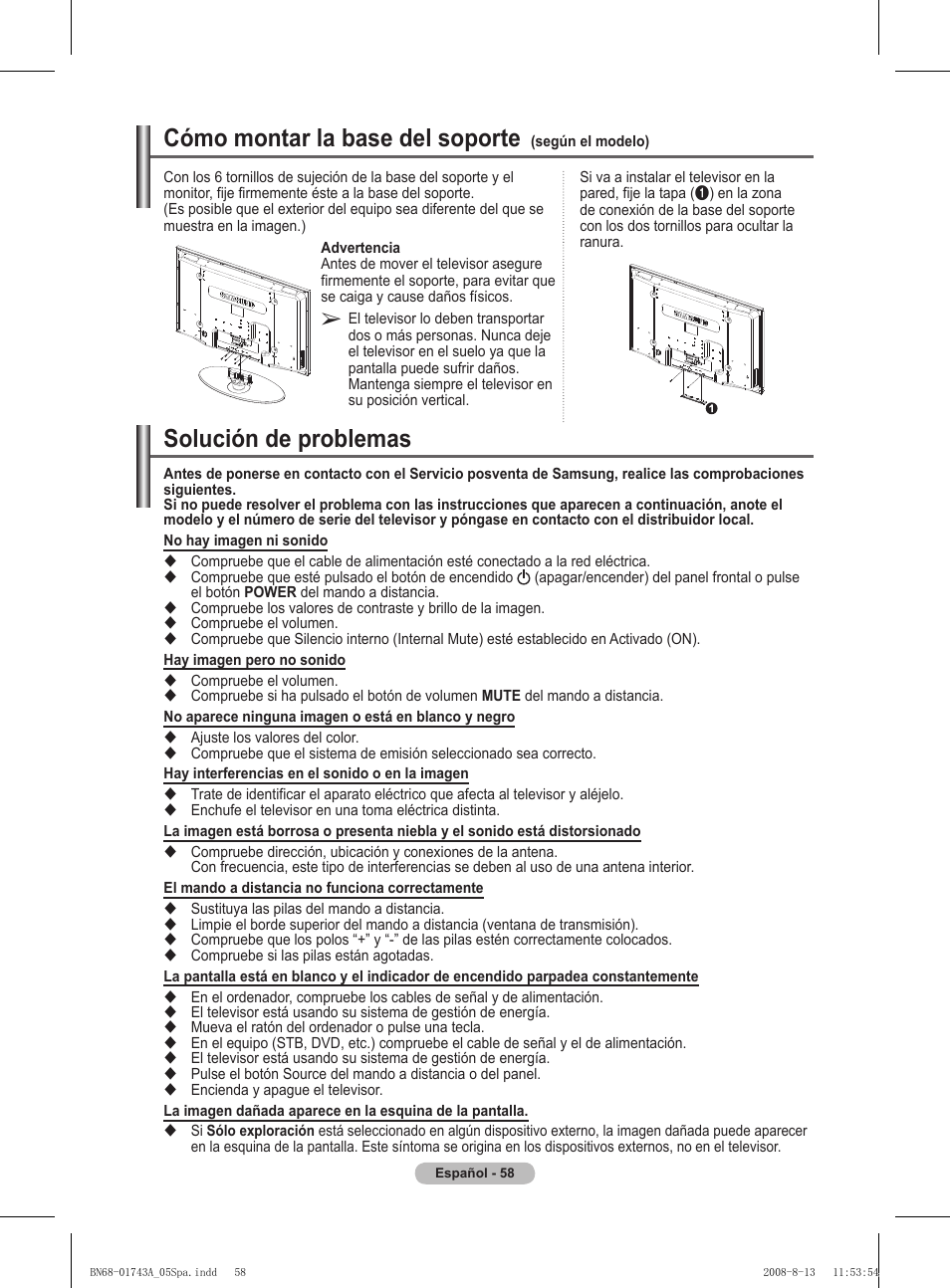 Solución de problemas, Cómo montar la base del soporte | Samsung PS50A417C2D User Manual | Page 357 / 477