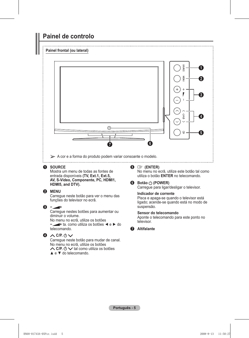 Painel de controlo | Samsung PS50A417C2D User Manual | Page 363 / 477