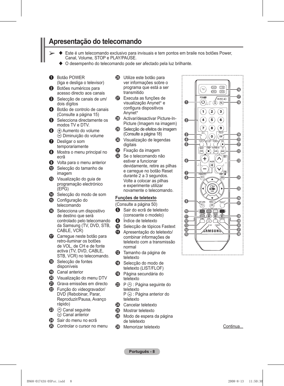 Apresentação do telecomando | Samsung PS50A417C2D User Manual | Page 366 / 477