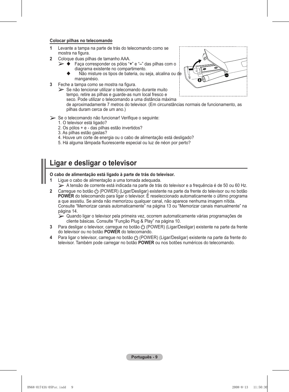 Ligar e desligar o televisor | Samsung PS50A417C2D User Manual | Page 367 / 477
