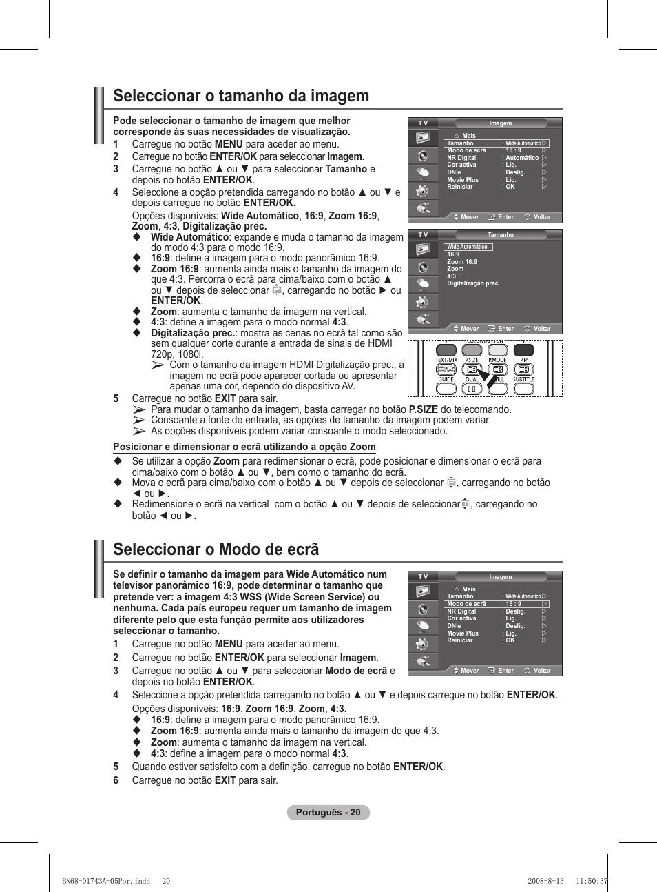 Seleccionar o tamanho da imagem, Seleccionar o modo de ecrã | Samsung PS50A417C2D User Manual | Page 378 / 477