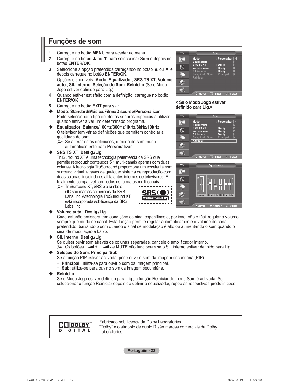 Funções de som | Samsung PS50A417C2D User Manual | Page 380 / 477