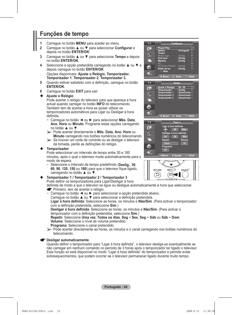 Funções de tempo | Samsung PS50A417C2D User Manual | Page 382 / 477