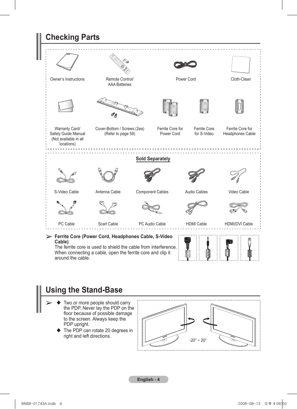 Checking parts, Using the stand-base | Samsung PS50A417C2D User Manual | Page 4 / 477