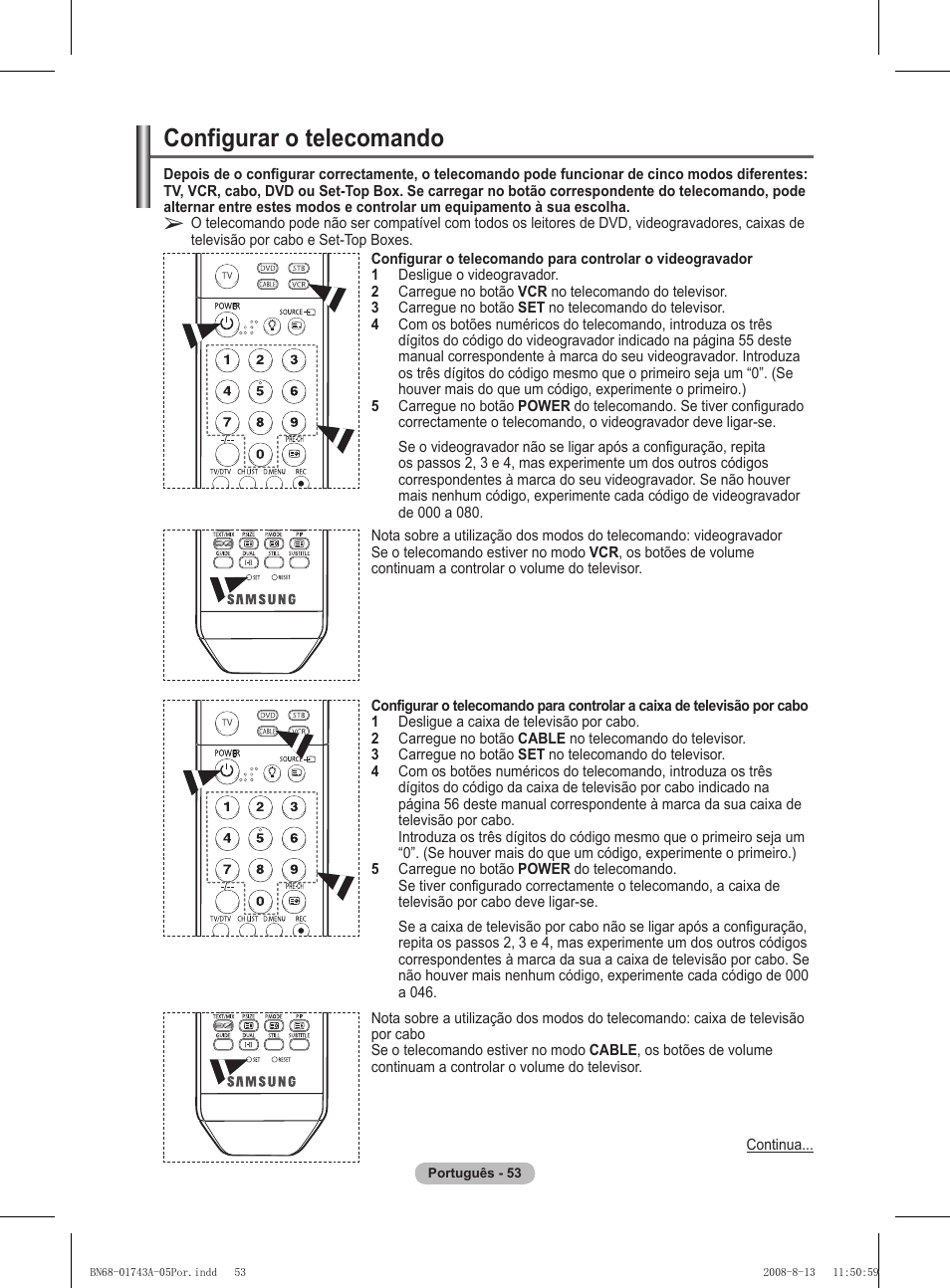 Configurar o telecomando | Samsung PS50A417C2D User Manual | Page 411 / 477