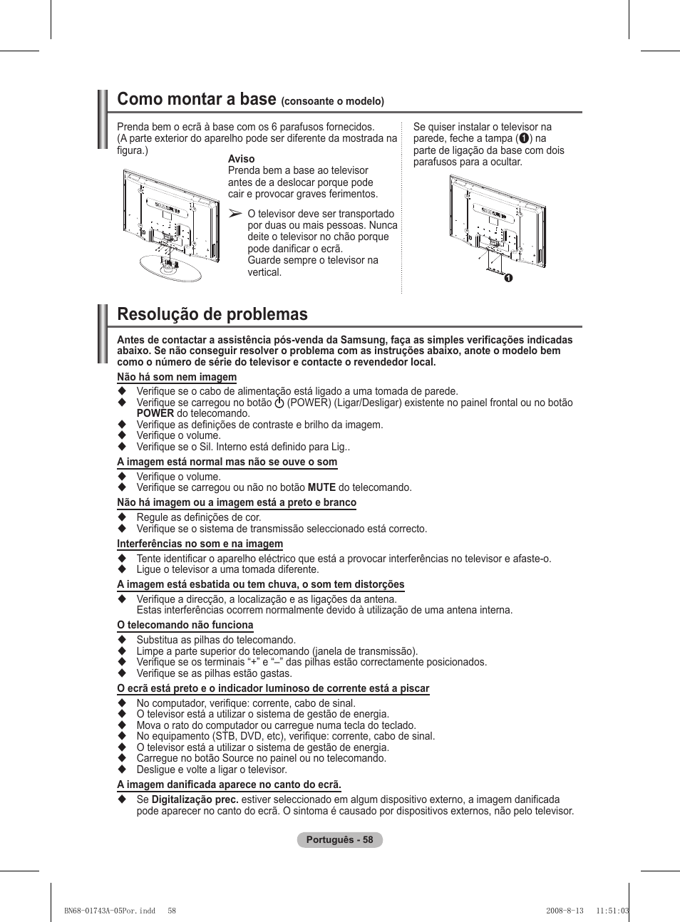 Resolução de problemas, Como montar a base | Samsung PS50A417C2D User Manual | Page 416 / 477