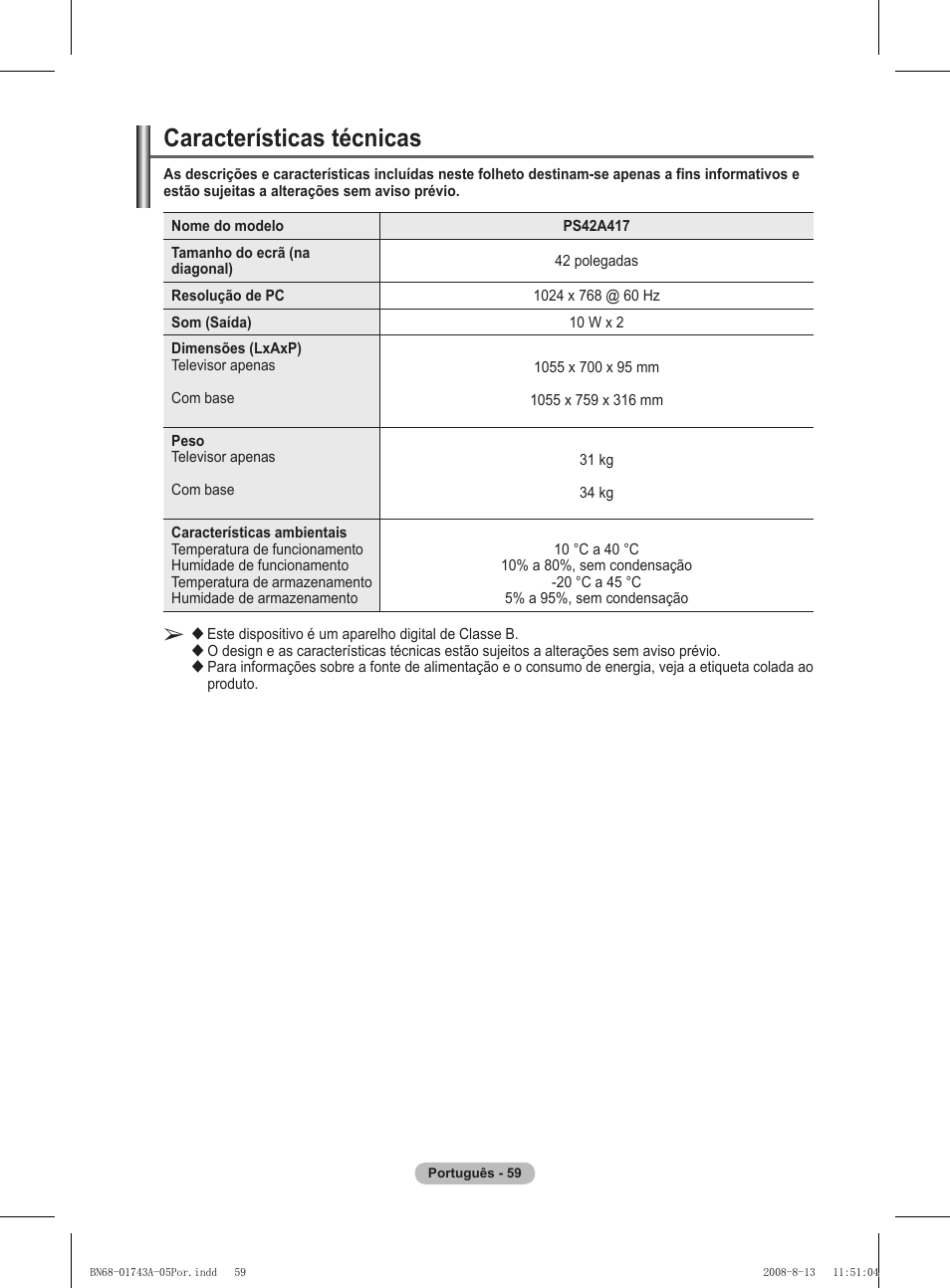 Características técnicas | Samsung PS50A417C2D User Manual | Page 417 / 477