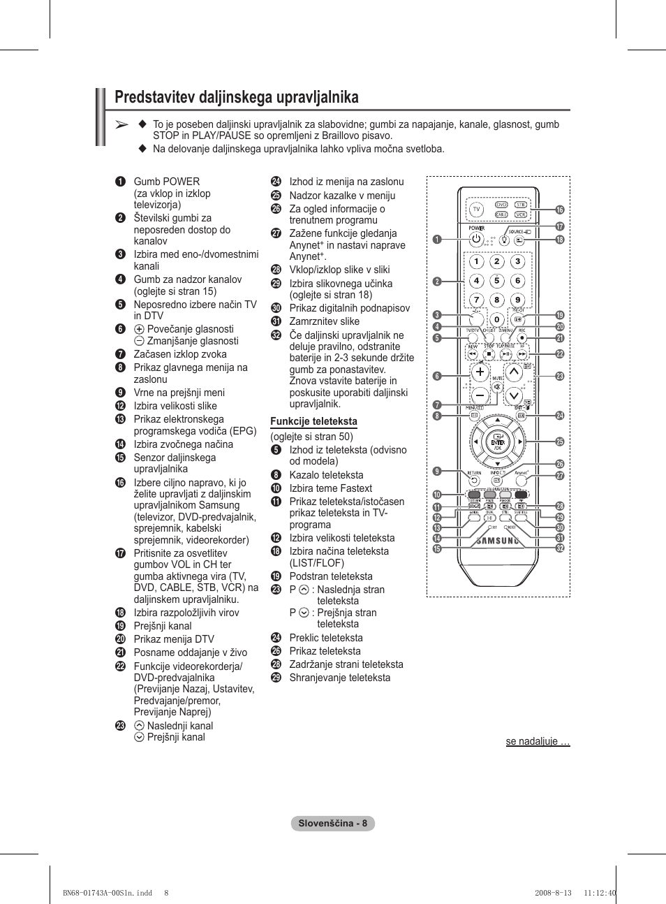 Predstavitev daljinskega upravljalnika | Samsung PS50A417C2D User Manual | Page 425 / 477