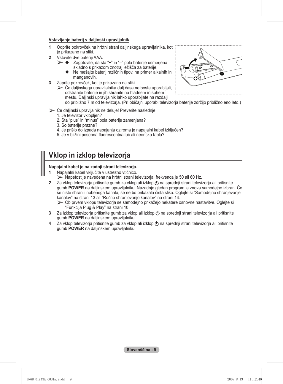 Vklop in izklop televizorja | Samsung PS50A417C2D User Manual | Page 426 / 477