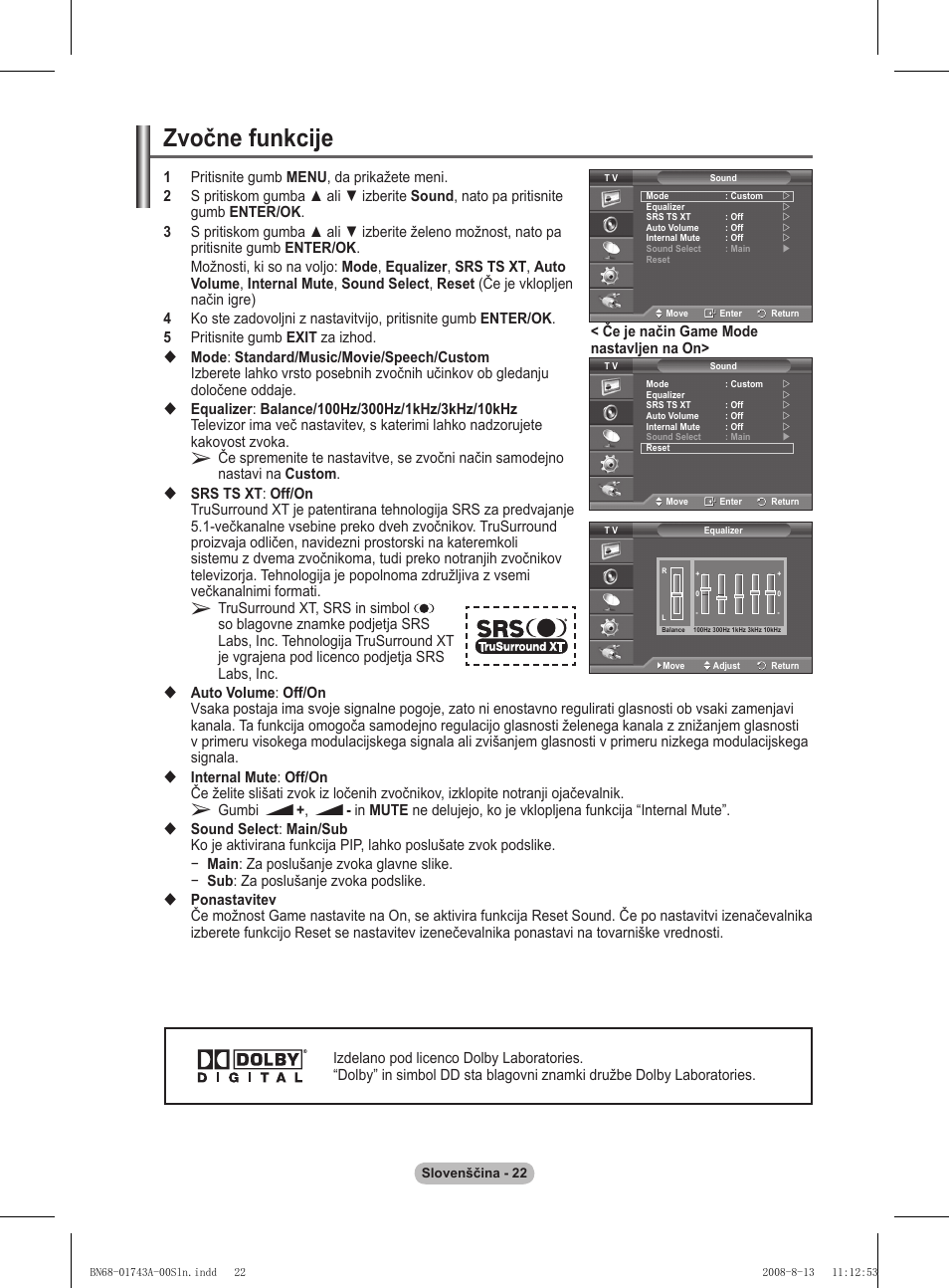 Zvočne funkcije | Samsung PS50A417C2D User Manual | Page 439 / 477