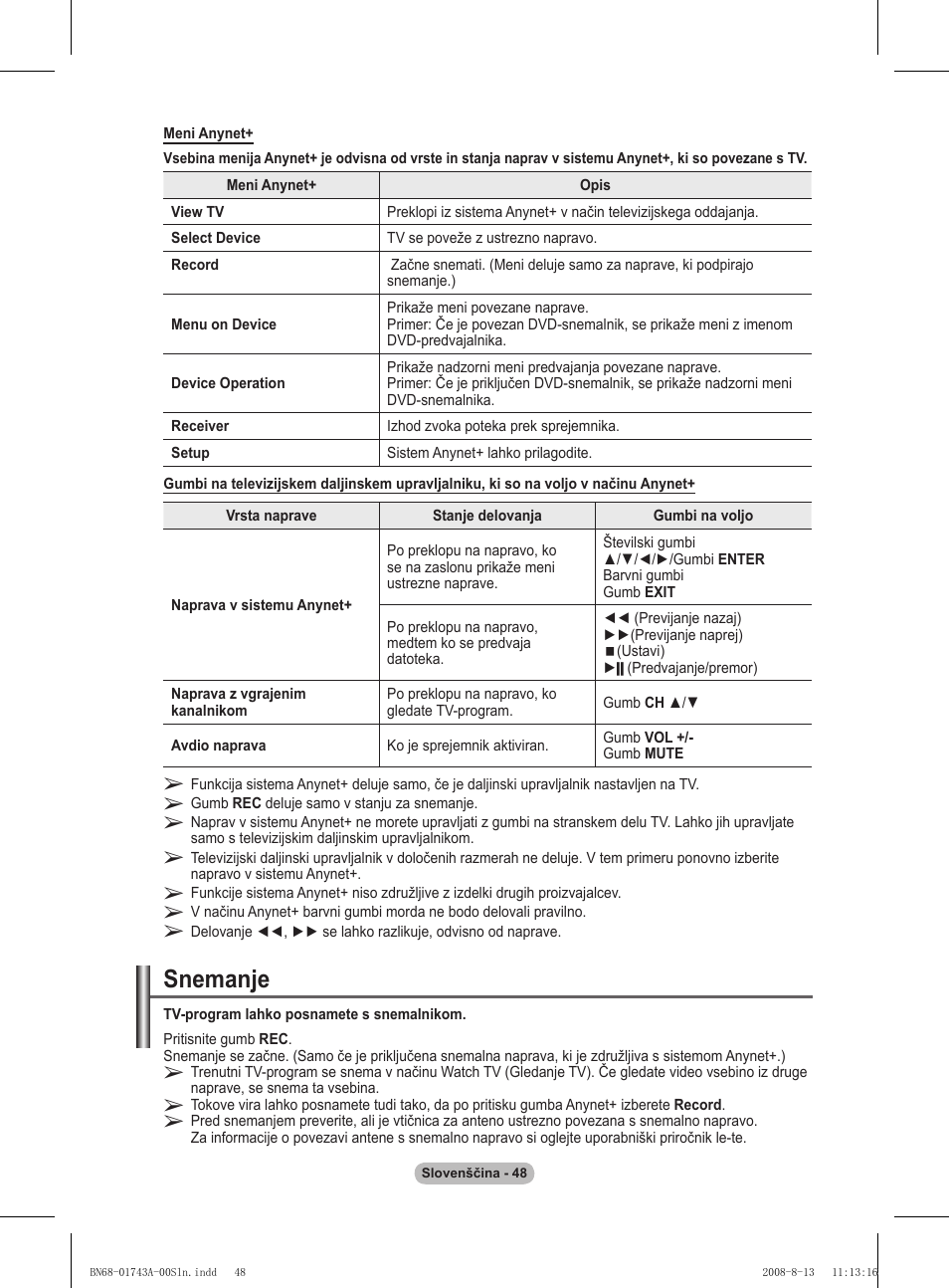 Snemanje | Samsung PS50A417C2D User Manual | Page 465 / 477