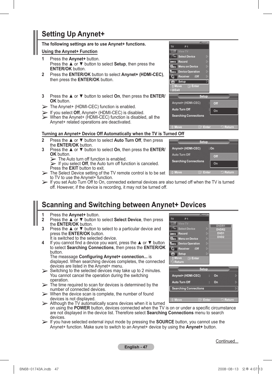 Setting up anynet, Scanning and switching between anynet+ devices | Samsung PS50A417C2D User Manual | Page 47 / 477