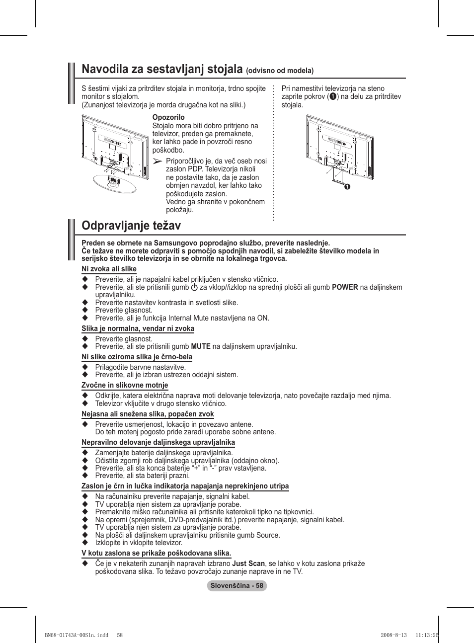 Odpravljanje težav, Navodila za sestavljanj stojala | Samsung PS50A417C2D User Manual | Page 475 / 477