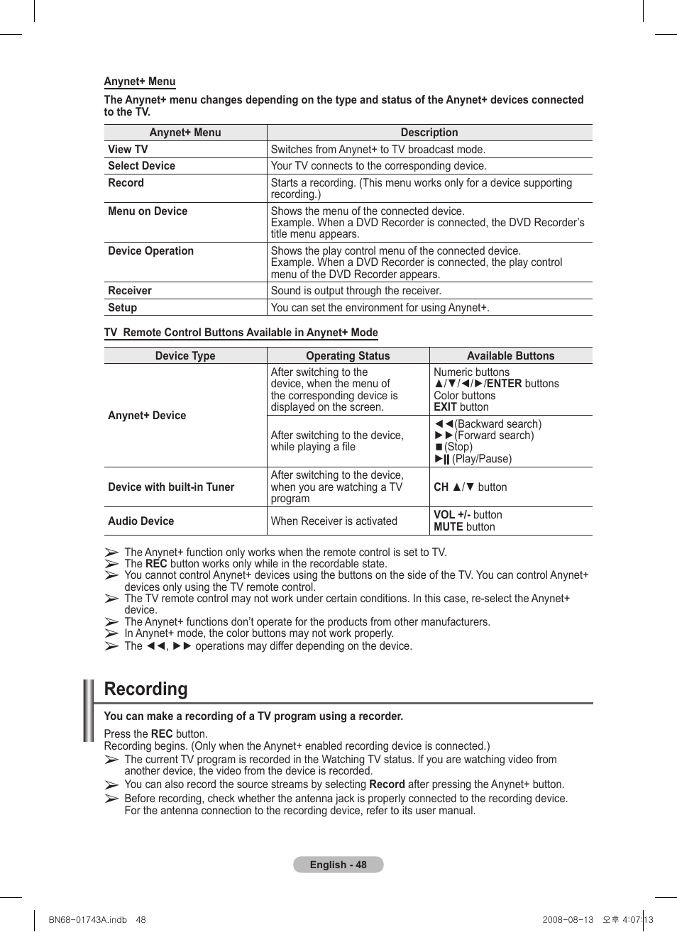 Recording | Samsung PS50A417C2D User Manual | Page 48 / 477